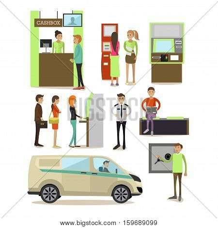 Vector set of banking concept design elements, icons in flat style. Customers carrying out operations with ATM, self-service terminal. Bank employees, guard, safe, cash box, encashment truck.