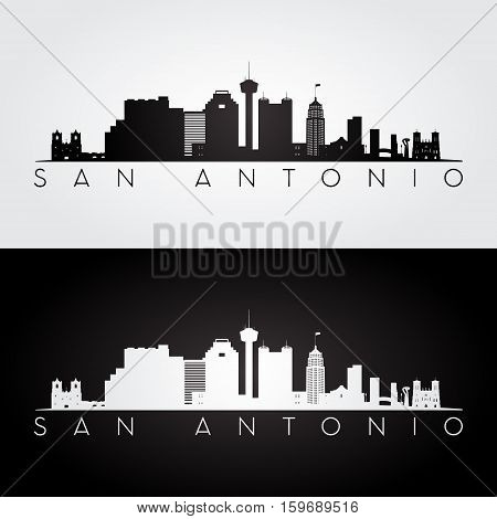 San Antonio USA skyline and landmarks silhouette black and white design vector illustration.