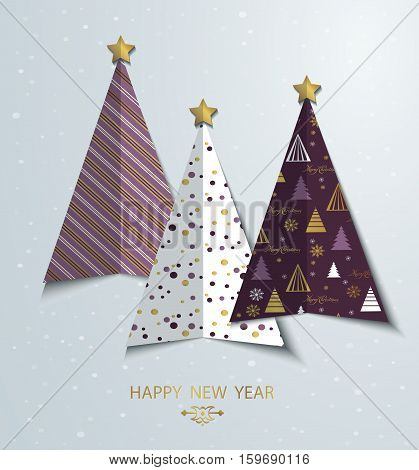 Colorful sylized Christmas tree greeting card background. New Year design template. Vector Merry Christmas tree shape with gold star.