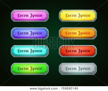 Colorful shiny horizontal game templates on dark background, vector game assets for epic GUI