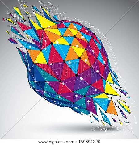 Vector Dimensional Wireframe Object, Spherical Demolished Shape With Refractions And Wreckage. 3D Me