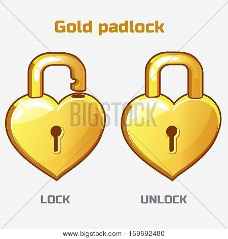 funny cartoon gold padlock in heart shaped St. Valentine's Day object. Lock and unlock