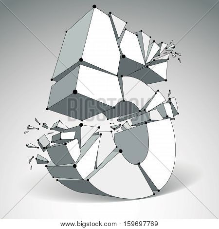Vector Dimensional Wireframe Number 5, Monochrome Demolished Digit With Fragments. 3D Mesh Technolog