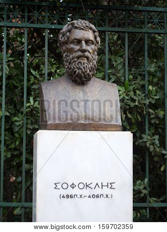 ATHENS, GREECE - MARCH 10 2016: Sophocles bronze statue in front of the national garden in Athens Greece