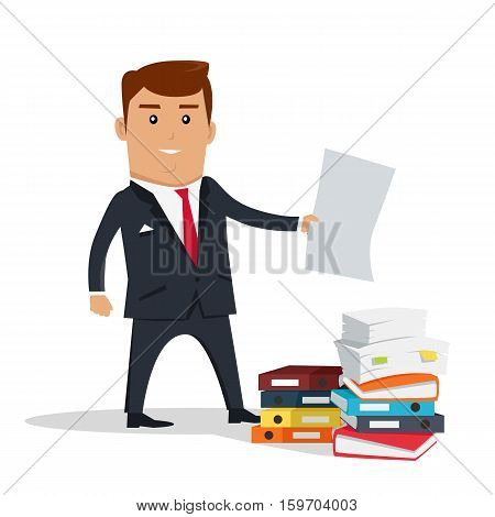 Male character with sheet of paper vector. Flat design. Man in business suit holding paper sheet near stack of documents and colorful binders. Office, paper work concept. Isolated on white background.