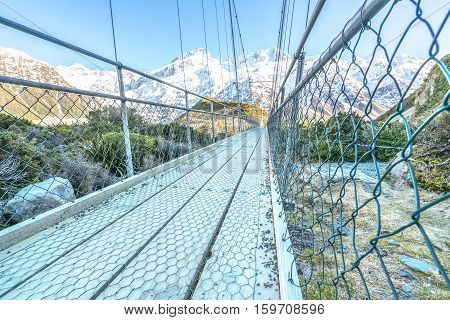 Suspension Bridge over Hooker River Mount Cook National Park Canterbury South Island New Zealand