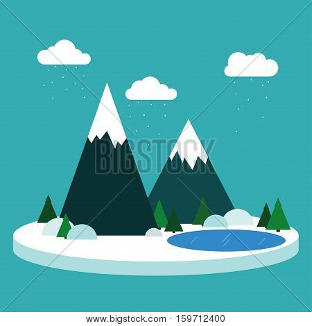 Snowy mountain Vector illustration Winter landscape Blue lake among fir trees and snowy mountains Snowy winter day Flat design