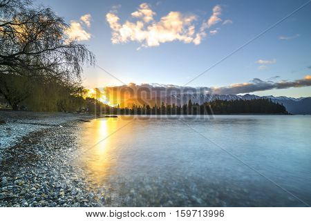Sunrise view from Queentown lake New Zealand