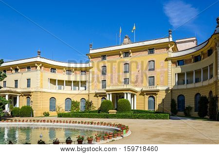 Lateral view on Pedralbes palace in Barcelona, summer Spain