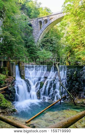 Waterfall at the Vintgar gorge, beauty of nature, with river Radovna flowing through, near Bled, Slovenia.