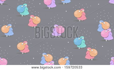 Santa Clauses brings gifts in a big bags on grey background. Vector pattern illustration.
