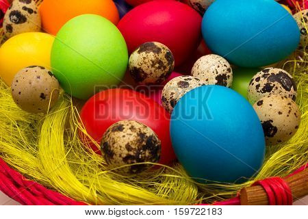blue green red colorful easter eggs in basket
