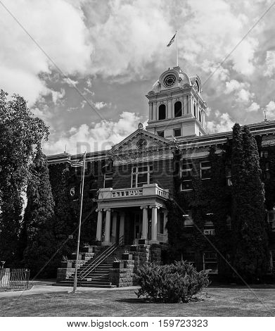 The grand Crook County Courthouse in Prineville in Central Oregon on a sunny summer day.
