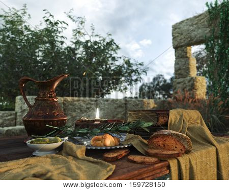 stilllife on nature background with ancient ruins, books,bread olive and pitcher