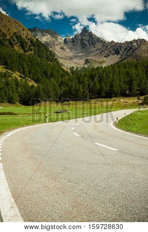 Bernina mountain pass road in Swiss Alps Grisons Switzerland