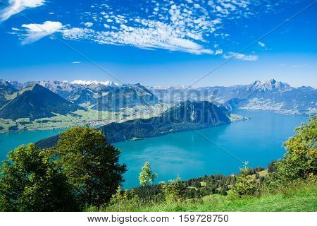 Beautiful view to Lucerne lake (Vierwaldstattersee ) and mountain Pilatus from Rigi Swiss Alps Central Switzerland