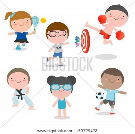 kids and sport, Kids playing various sports on white background,swimming, boxing, football, tennis, karate, Darts, Vector illustration