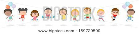 Kids jumping with joy , happy jumping childern, happy cartoon child playing on white background , Vector illustration