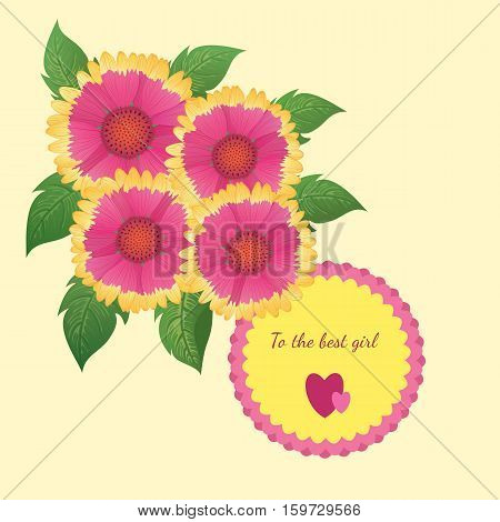 Vector illustration. Holliday card template with beautiful gaillardia flowers on a yellow background