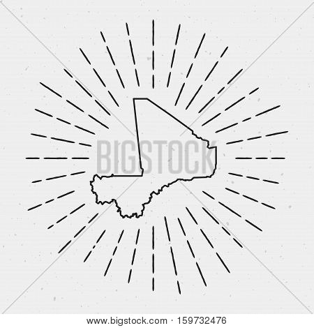 Retro Sunburst Hipster Design. Mali Map Surrounded By Vintage Sunburst Rays. Trendy Hand Drawn Sun R