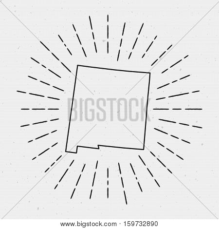 Vector New Mexico Map Outline With Retro Sunburst Border. Hand Drawn Hipster Decoration Element. Bla