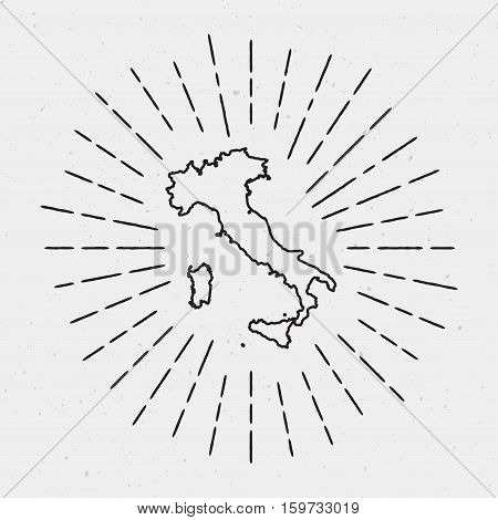 Vector Italy Map Outline With Retro Sunburst Border. Hand Drawn Hipster Decoration Element. Black Ra