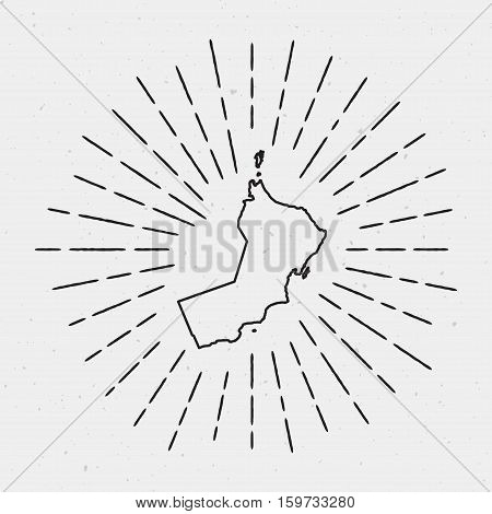 Vector Oman Map Outline With Retro Sunburst Border. Hand Drawn Hipster Decoration Element. Black Rad