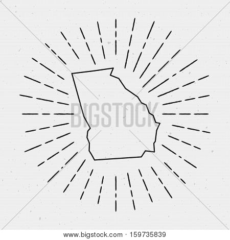 Vector Georgia Map Outline With Retro Sunburst Border. Hand Drawn Hipster Decoration Element. Black
