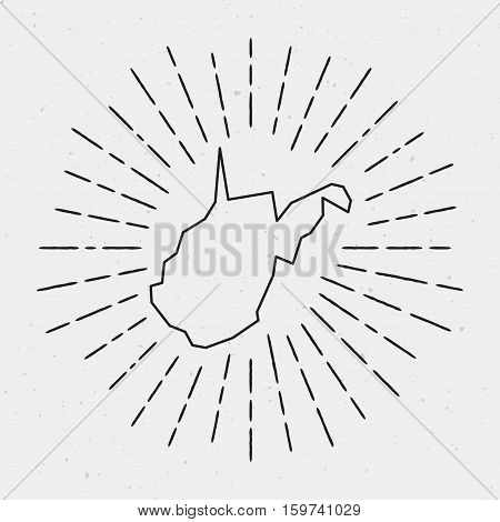 Vector West Virginia Map Outline With Retro Sunburst Border. Hand Drawn Hipster Decoration Element.