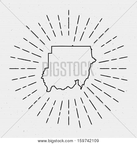 Vector Sudan Map Outline With Retro Sunburst Border. Hand Drawn Hipster Decoration Element. Black Ra