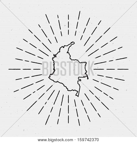 Vector Colombia Map Outline With Retro Sunburst Border. Hand Drawn Hipster Decoration Element. Black