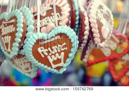 Lebkuchen - gingerbread - in the form of heart a typical souvenir in Germany.