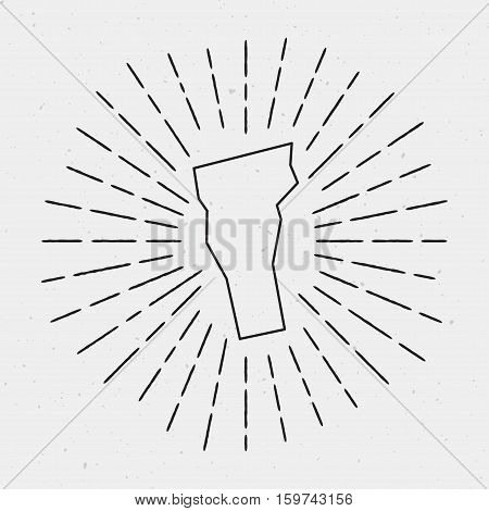Vector Vermont Map Outline With Retro Sunburst Border. Hand Drawn Hipster Decoration Element. Black