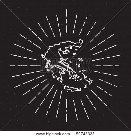 Greece Vector Map Outline With Vintage Sunburst Border. Hand Drawn Map With Hipster Decoration Eleme