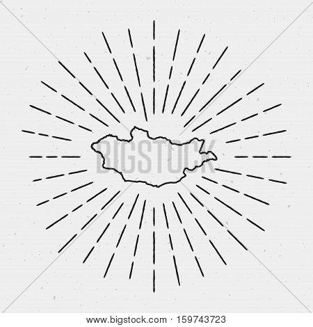 Vector Mongolia Map Outline With Retro Sunburst Border. Hand Drawn Hipster Decoration Element. Black