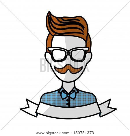 man face with mustache and glasses and decorative ribbon over white background. hispter style concept. colorful design. vector illustration