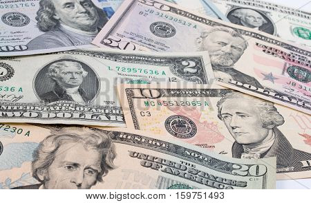American Dollar  Or Us Dollor Banknote On Table. Close Up Of Assorted American Banknote.