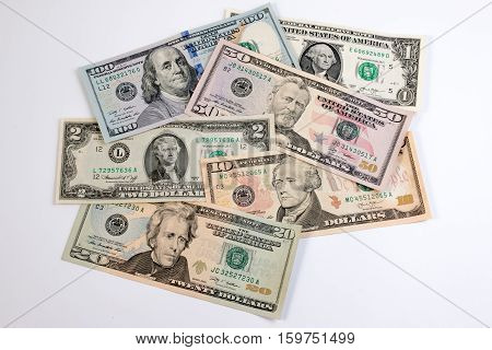 American Dollar  Or Us Dollor Banknote On Table. Close Up Of Assorted American Banknote.