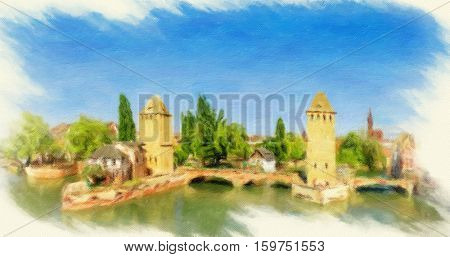 Panorama of Strasbourg, medieval bridge Ponts Couverts. Alsace, France.   Oil painting effect.