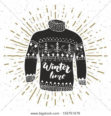 Vintage Label, Grunge Textured Hand Drawn Retro Badge Or T-shirt Typography Design With Raindeer Swe