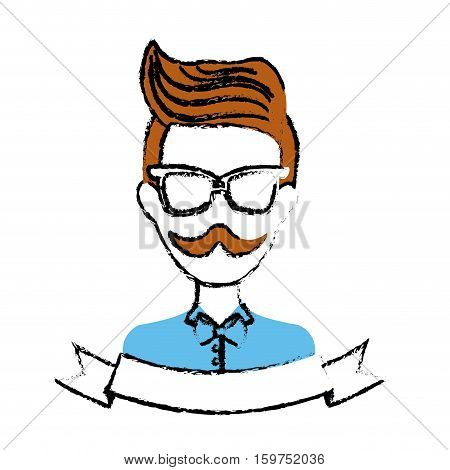 man face with mustache and glasses and decorative ribbon over white background. hispter style concept. colorful design. vector illustration