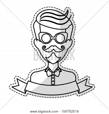sticker of man face with mustache and glasses and decorative ribbon over white background. hispter style concept. vector illustration