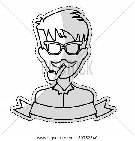 sticker of man face with mustache and glasses and decorative ribbon over white background. hispter style concept. vector illustration