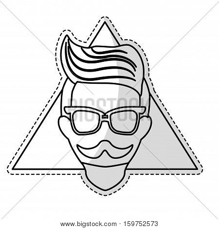 sticker of man face with mustache and glasses over triangular frame and white background. hispter style concept. vector illustration
