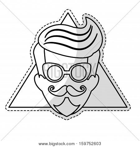 sticker of man face with mustache and glasses over triangular frame and white background. hispter style concept. vector illustration