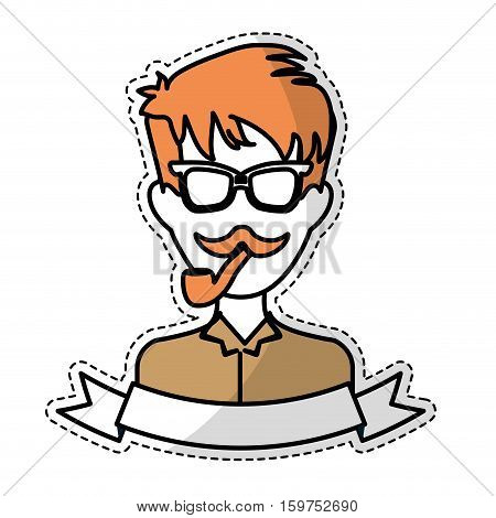 sticker of man face with mustache and glasses and decorative ribbon over white background. hispter style concept. colorful design. vector illustration