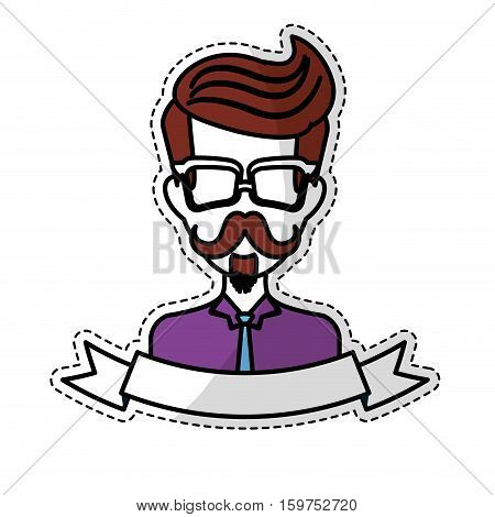 sticker of man face with mustache and glasses and decorative ribbon over white background. hispter style concept. vector illustration