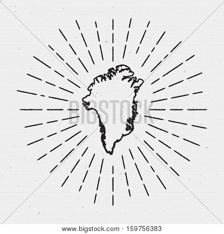 Vector Greenland Map Outline With Retro Sunburst Border. Hand Drawn Hipster Decoration Element. Blac