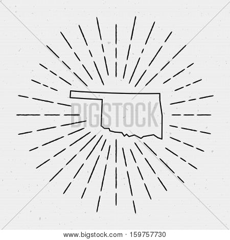 Vector Oklahoma Map Outline With Retro Sunburst Border. Hand Drawn Hipster Decoration Element. Black