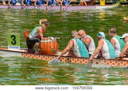 Rome Italy - July 30 2016: Dragon boat crews compete at the european championships held in Italy in 2016 summer Hungary crew